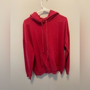 Women Female Drawstring Kangaroo Pocket Long Sleeve Solid Color Hoodie Top,Red